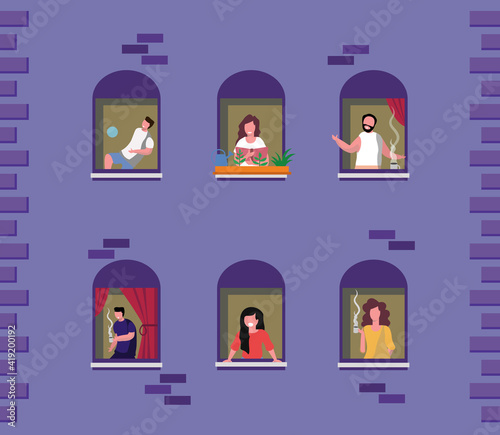 Neighborhood concept. People stand on balconies or look out of windows. Neighbors drinking coffee, talking, using cell.