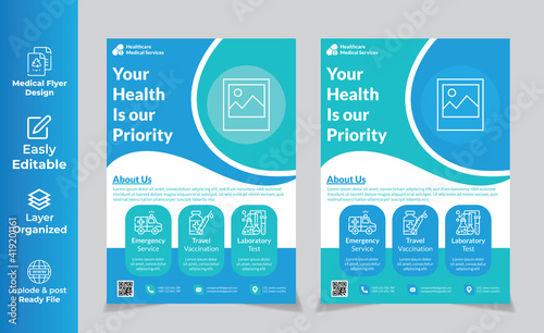 flyer design for medical, annual report, health care print-ready file for business use trendy unique flyer design templates in A4 size. Vector illustrations for medical, healthcare, pharmacy presente