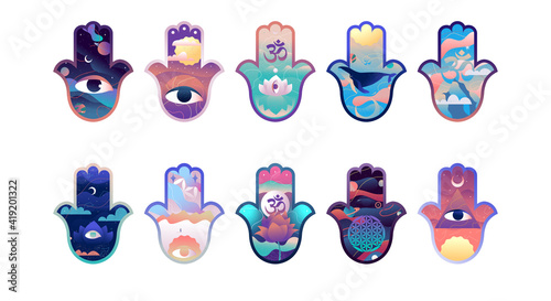 Set of Hamsa (Fatima). Vector illustrations.