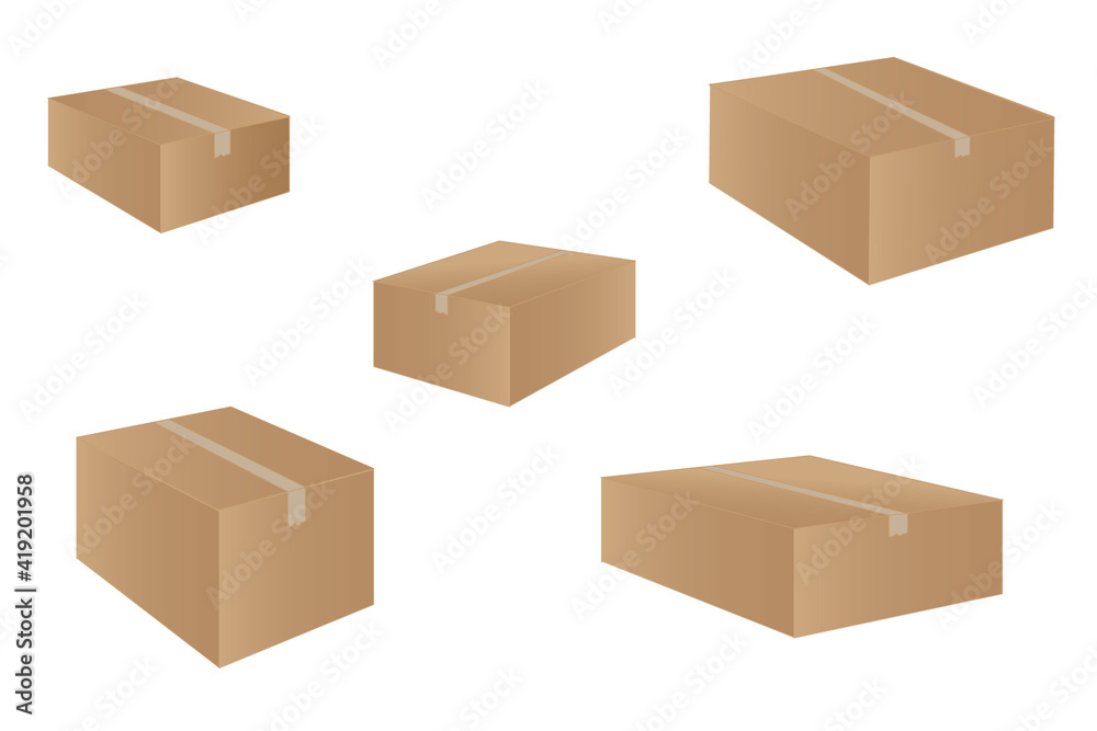 Realistic cardboard box mockup set from side, front and top view open and closed isolated on white background. Realistic cardboard box mockup set from side, front and top view open and closed isolated on white background.