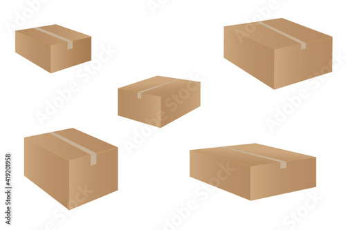 Realistic cardboard box mockup set from side, front and top view open and closed isolated on white background. © A_stock