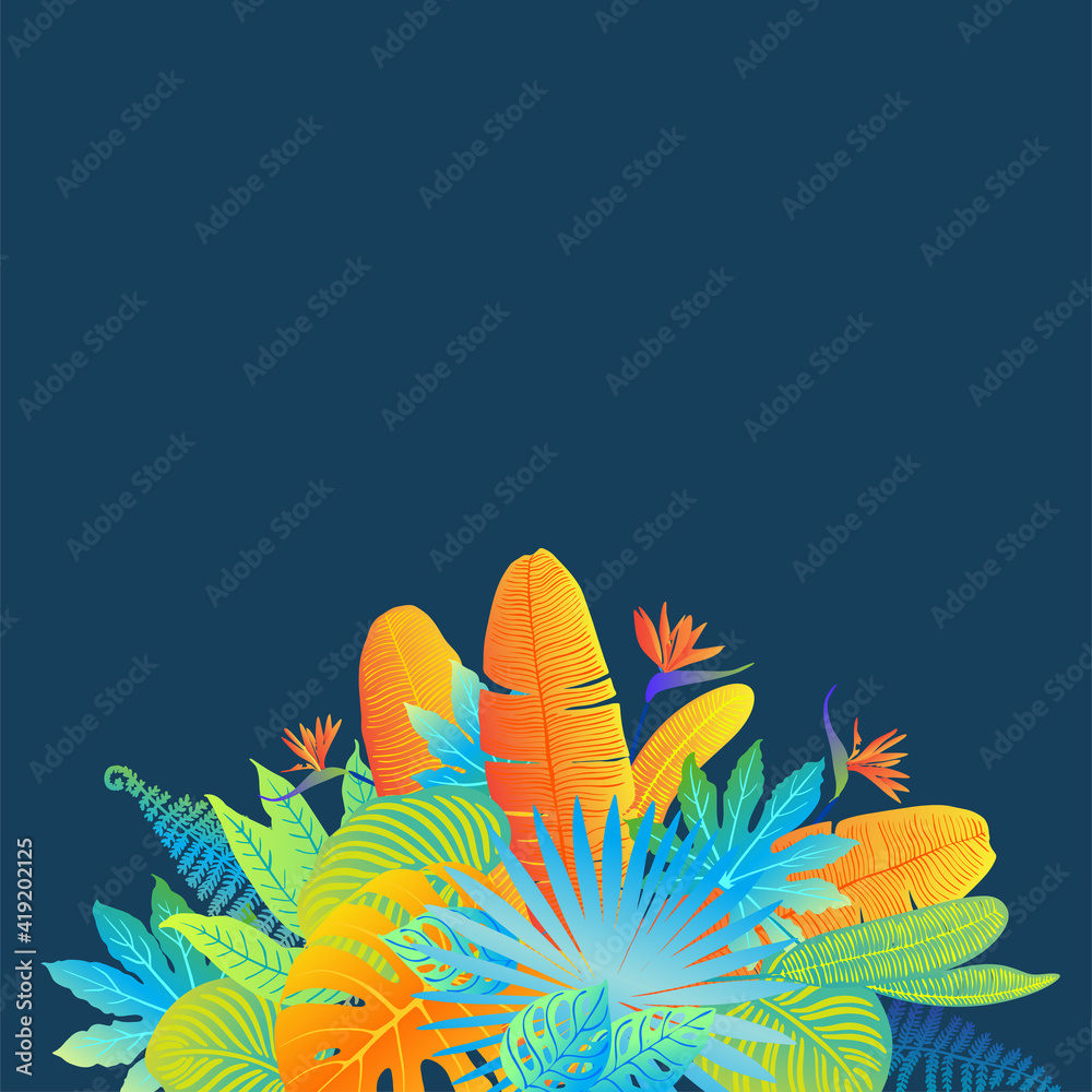 Naklejka premium Neon tropical leaves of palm trees, monstera, fern and other plants. Vector color sketch on a blue background. Ultraviolet blue, turquoise, orange