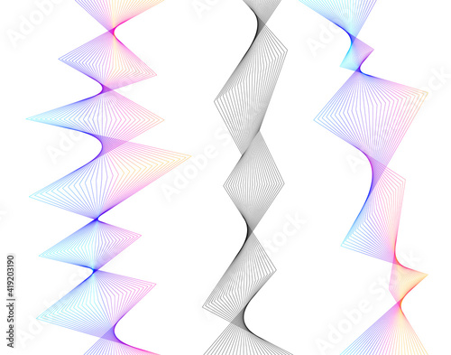 Design elements. Curved sharp corners wave many lines. Abstract vertical broken stripes on white background isolated. Creative line art. Vector illustration EPS 10. Color line created using Blend Tool
