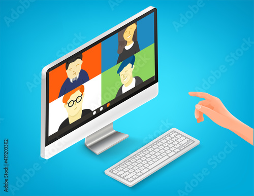 Using communication application for conference. Isometric vector illustration