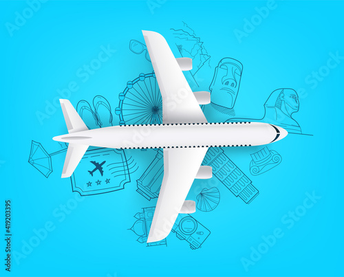 Air travel concept with aircraft model and doodle elements