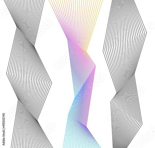 Design elements. Curved sharp corners wave many lines. Abstract vertical broken stripes on white background isolated. Creative line art. Vector illustration EPS 10. Color line created using Blend Tool