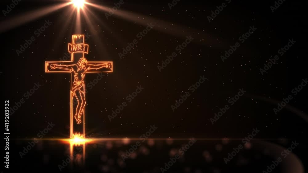 Jesus Christ on cross with golden light on black background with defocused lights spinning around. Easter background. Seamless looping 4k