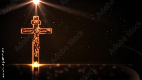 Jesus Christ on cross with golden light on black background with defocused lights spinning around. Easter background. Seamless looping 4k