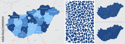Detailed, vector, blue map of Hungary with administrative divisions into regions country photo
