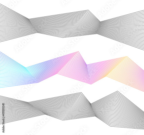 Design elements. Curved sharp corners wave many lines. Abstract vertical broken stripes on white background isolated. Creative line art. Vector illustration EPS 10. Color line created using Blend Tool