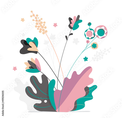 Elementi decorativi, floreali di piante, foglie, fiori