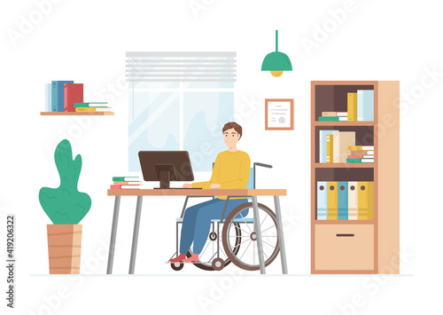 Cartoon Color Character Disabled Person Working on Computer Desk Concept. Vector