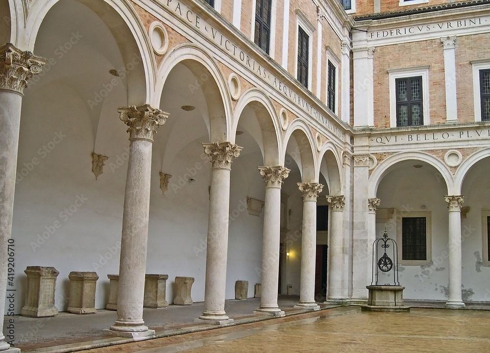 Italy, Marche, Urbino, the Ducal Palace arcaded courtyard. 