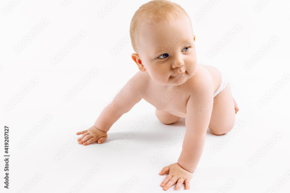 Happy little baby crawling on isolated white background Happy little baby crawling on isolated white background