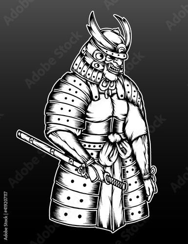 Monochrome grey samurai armor illustration