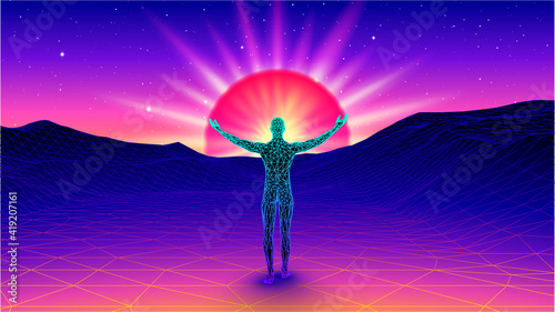 Man spreading arms and welcoming the sun in spiritual enlightment in the synthwave or vaporwave landscape. 80s styled spiritual card with shiny sunset in the modern digital world photo