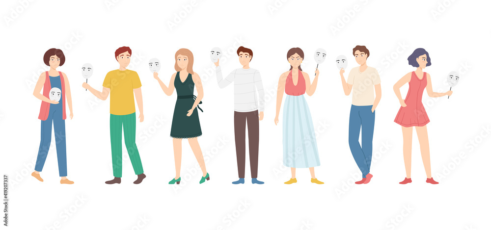 Cartoon Color Characters People Covering Their Faces Masks Concept Set. Vector