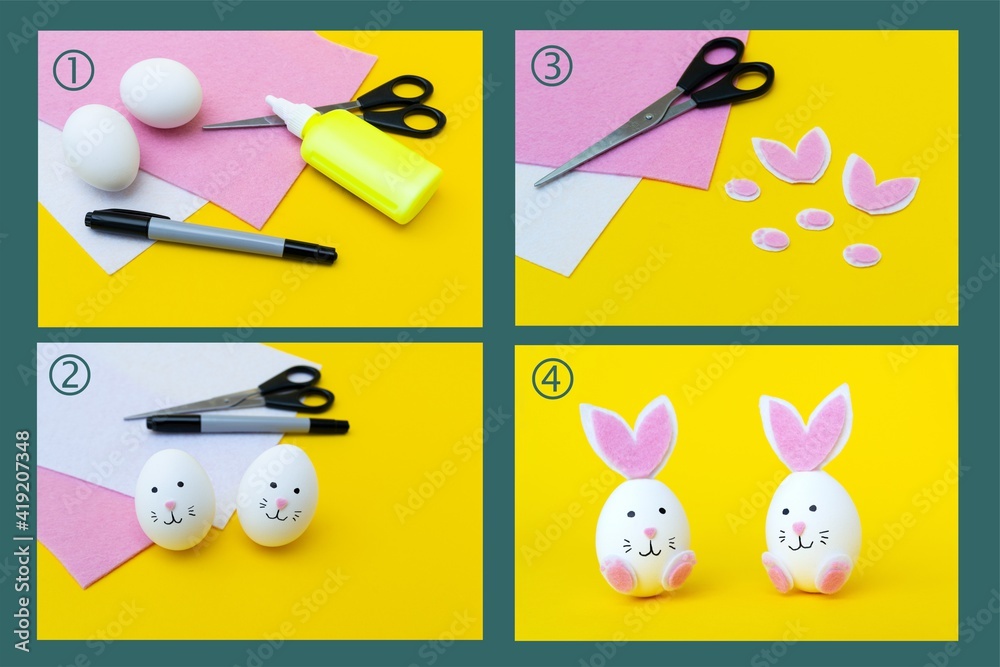 Fototapeta premium Easter eggs easter bunny rabbyt hand made of foamiran paper instruction step by step colorful