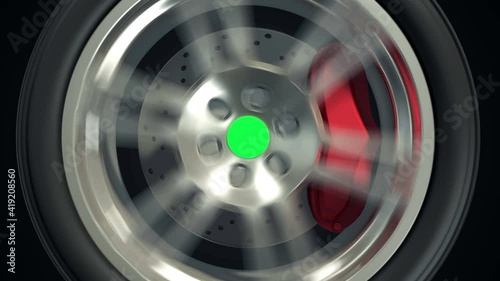 Fast spinning car wheel with green screen instead of brand badge with motion blur 4K Animation