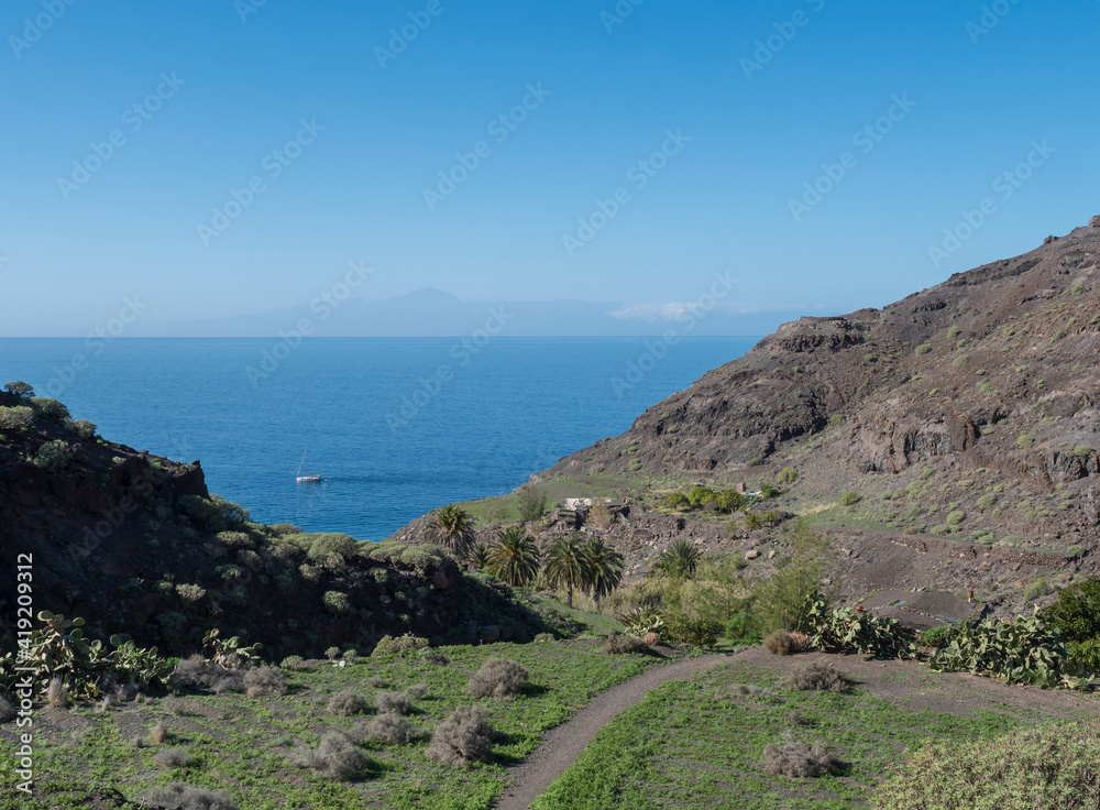 Footpath of hiking trail Tasartico to Playa GuiGui beach, Barranco de Guigui Grande ravine with cacti, succulents and sea. West of Gran Canaria, Canary Islands, Spain