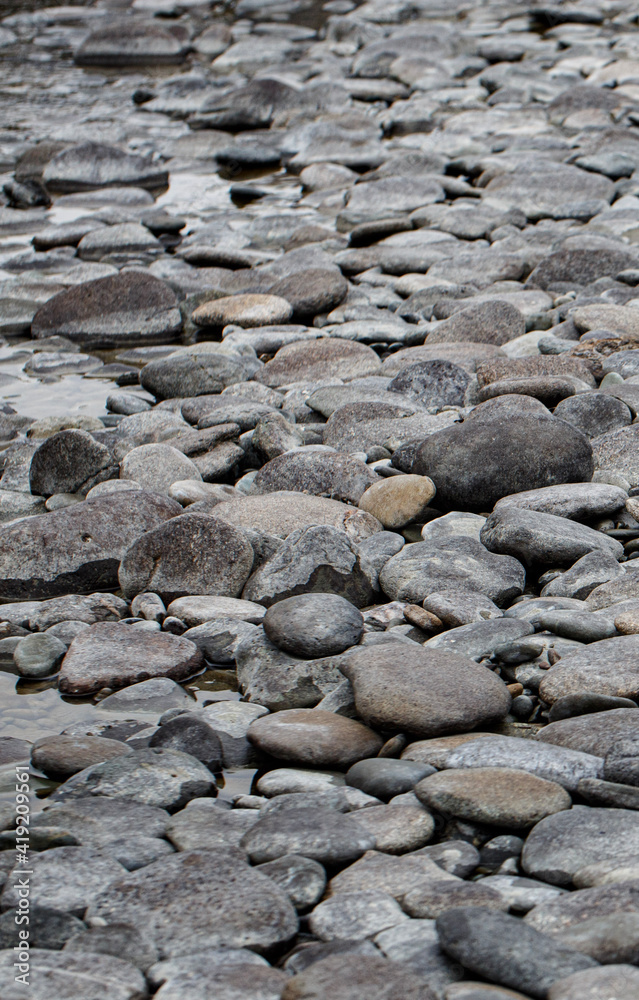 the dried-up bed of a mountain river made of round stones