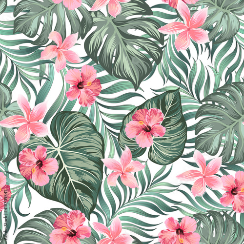 Tropical summer pattern with exotic flower and palm leaves. Seamless vector illustration. Floral print.