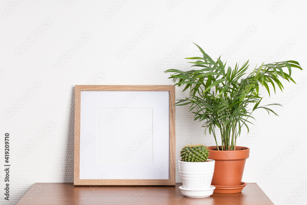 Square wooden photo frame and house plants on the table.
