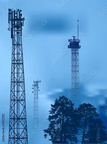 telecommunications tower three silhouettes on blue background
