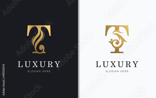 Luxury letter T with gold color logo template