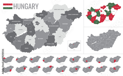 Detailed vector map of regions of Hungary with flag