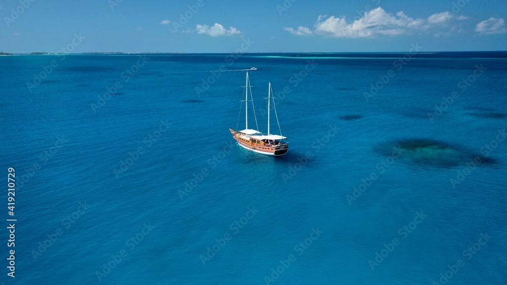 Fototapeta premium Scuba diving, diving in the ocean on boats and ships from a bird's eye view, Maldives
