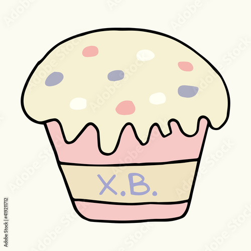 Hand drawn easter cake, bread. Colored Easter cake sticker black outline. Doodle vector illustration in cute style. Design for Easter, postcards, stickers. Isolated on white background