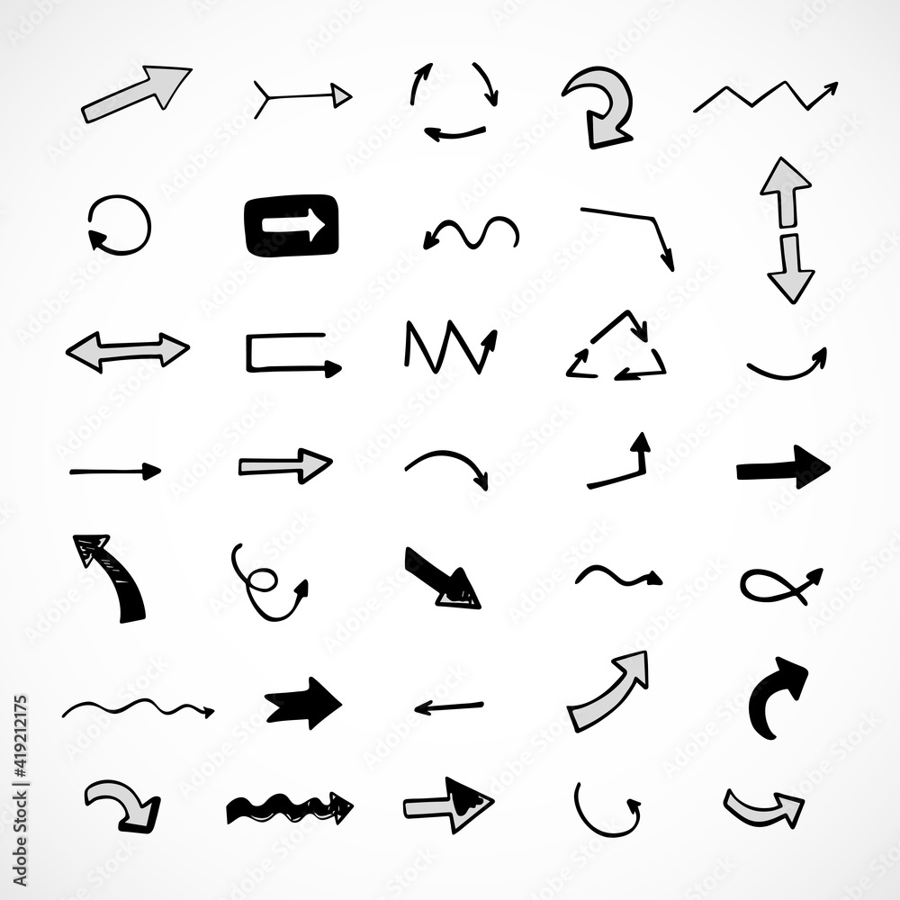 Vector set of hand-drawn arrows, elements for presentation