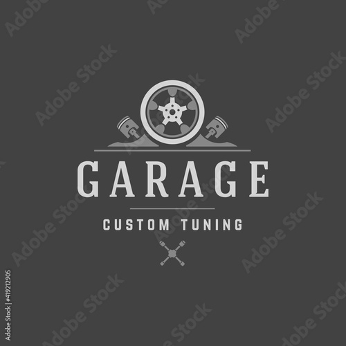 Professional garage tuning vector logo black sticker of car repair shop for vehicle maintenance and restoration