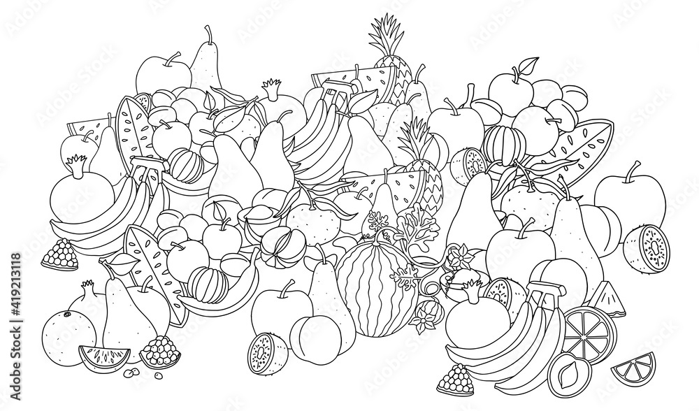 Fruit. Big still life with different fruits, black outlines for kids coloring, outlined design. Vector black and white illustration