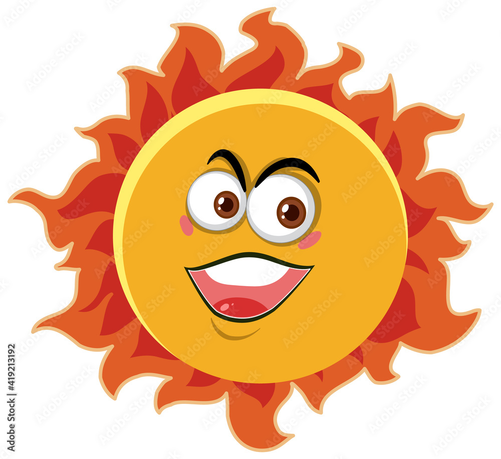 Sun cartoon character with happy face expression on white background