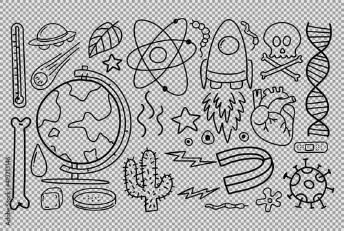 Different doodle strokes about science equipment isolated on transparent background