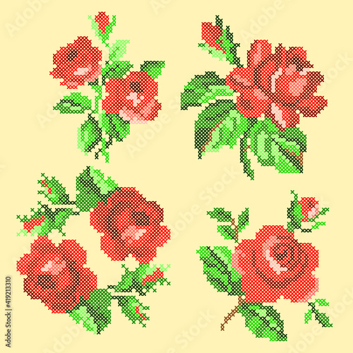 set of cross stitch red roses