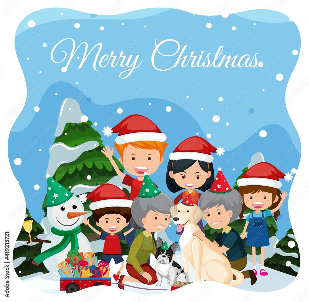 Merry Christmas font with Santa Claus in snow scene