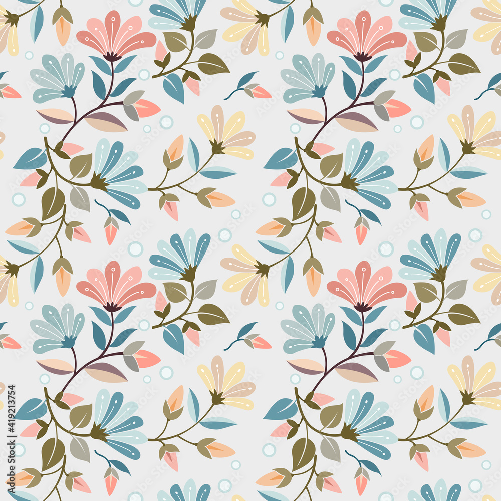 Abstract floral seamless pattern design. Cute hand drawn illustration. colorful small flowers on gray background.