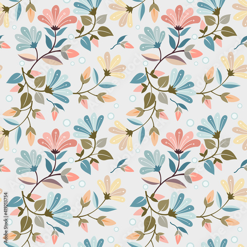 Abstract floral seamless pattern design. Cute hand drawn illustration. colorful small flowers on gray background.
