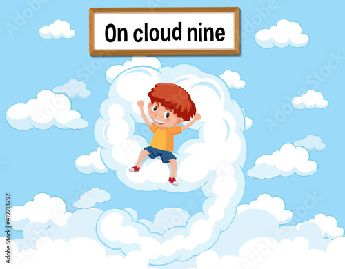 English idiom with picture description for on cloud nine