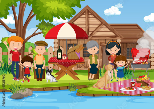 Picnic scene with happy family in the garden