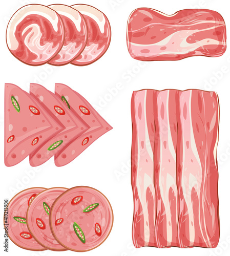 Set of pork product on white background