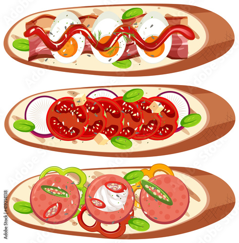 Set of breads with topping isolated