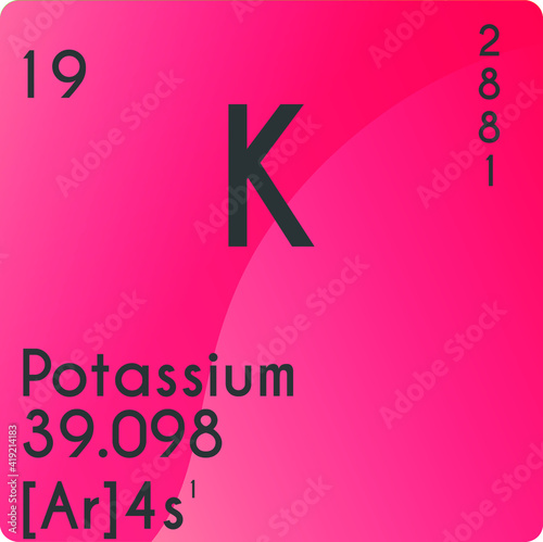 Potassium K Alkali metal Chemical Element vector illustration diagram, with atomic number, mass and electron configuration. Simple gradient design for education, lab, science class.
