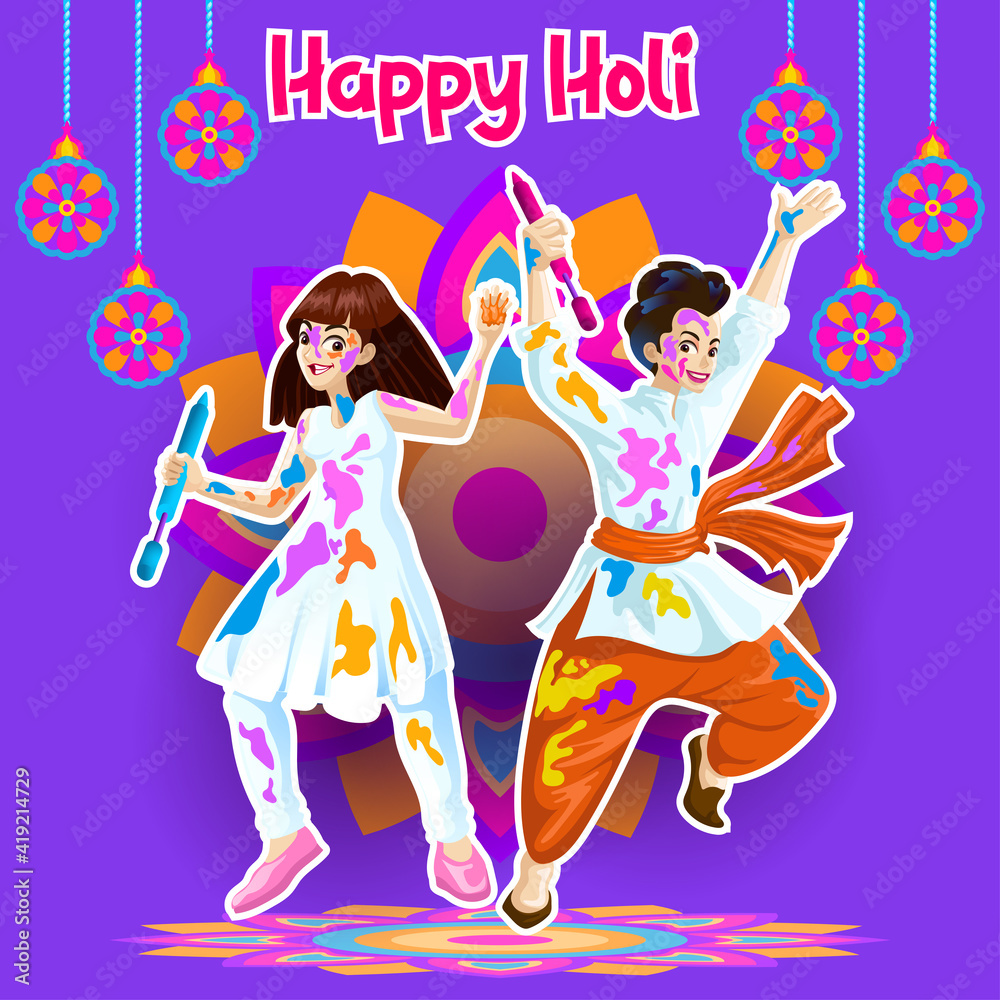 Holi Greetings with joyful Dancers in a celebrative background
