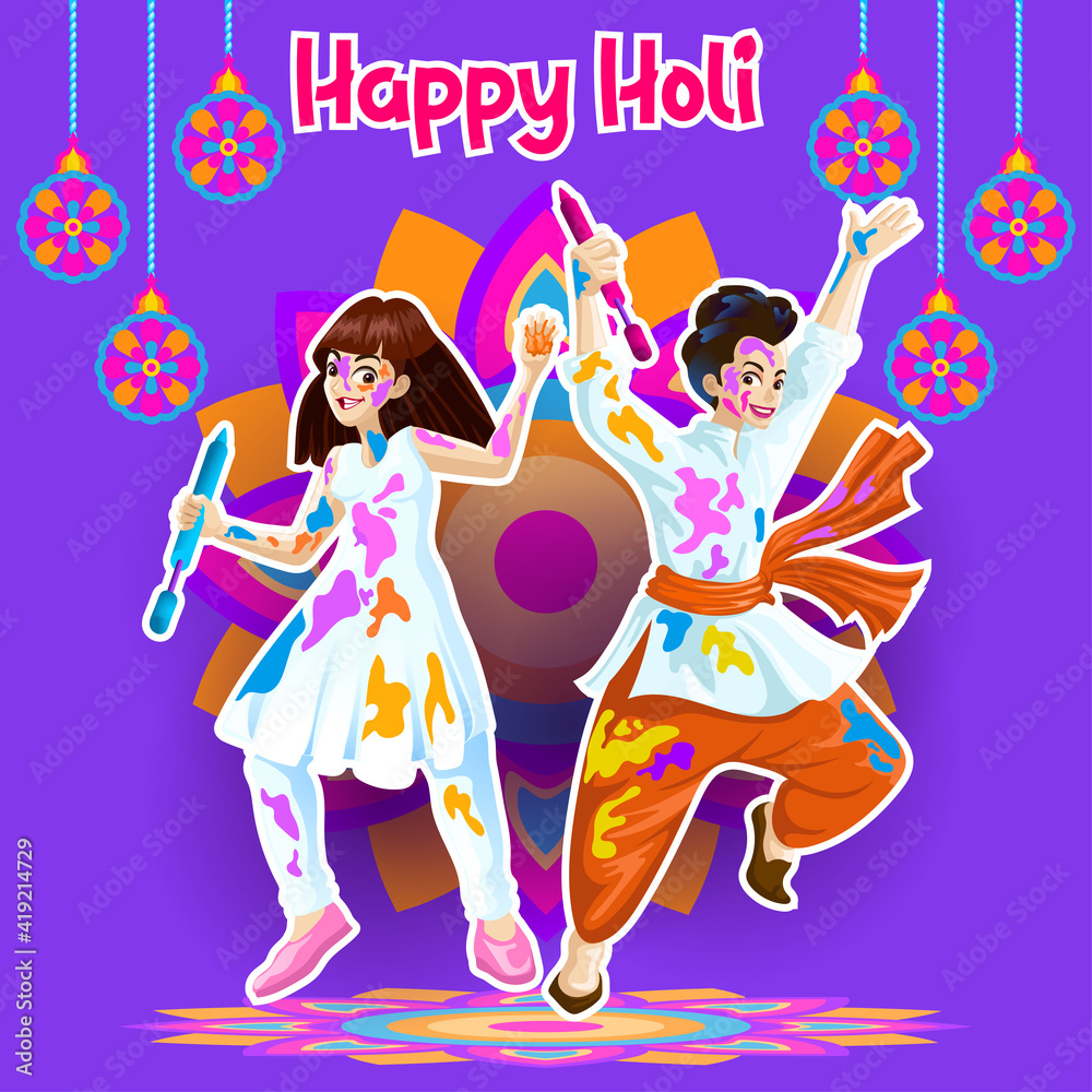 Holi Greetings with joyful Dancers in a celebrative background Holi Greetings with joyful Dancers in a celebrative background