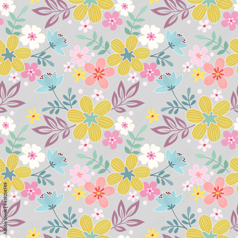 Abstract floral seamless pattern design. Cute hand drawn illustration. colorful elements on gray background.
