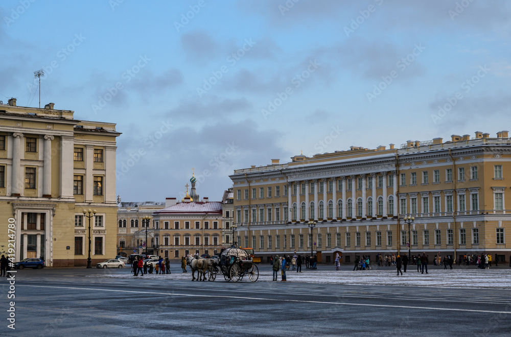 carriage ride. Palace Square St. Petersburg. New Year Christmas tree